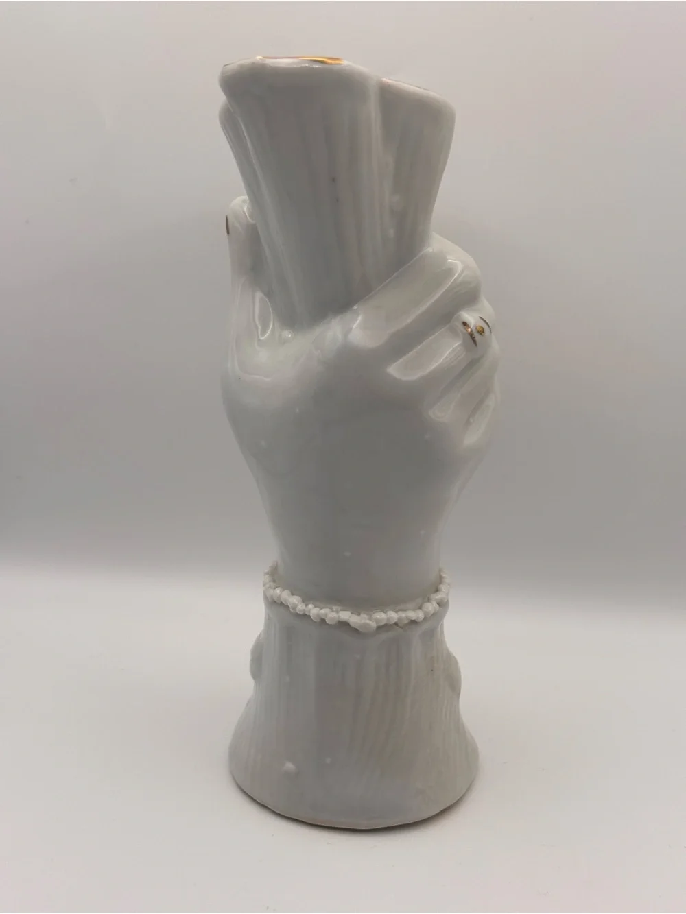 Vintage Ceramic Lady's Hand Holding Vase Figural Bud Vase, Pink Rose Decor